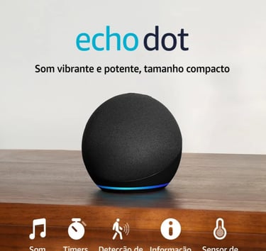 Black Amazon Echo Dot smart speaker with motion detection and temperature sensor icons.