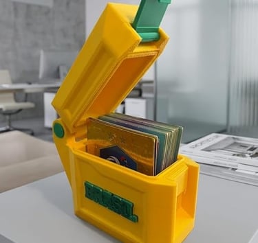 3D printed yellow and green Brasil themed storage case for collectible trading cards.
