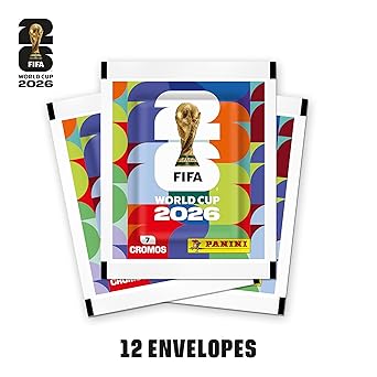 Pack of 12 FIFA World Cup 2026 Panini sticker envelopes featuring the official trophy logo.