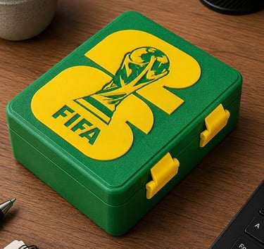 Green and yellow FIFA World Cup storage box souvenir on a wooden desk with office supplies.