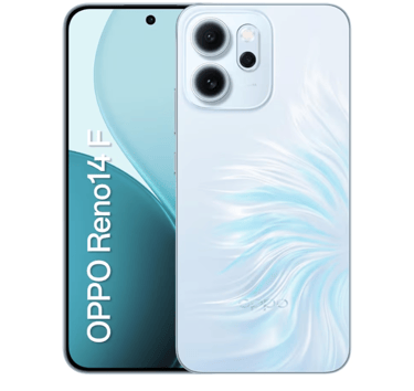 OPPO Reno14 F smartphone in a light blue textured finish featuring a dual camera setup and large display screen.