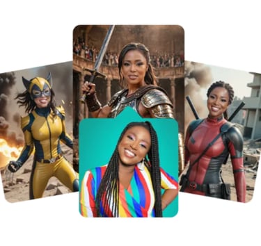 Smiling woman's portrait collage featuring her as Wolverine, Deadpool, and a gladiator.