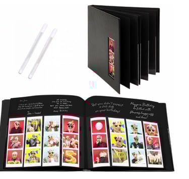 Black photo booth guest book with white ink pens and personalized birthday photo strips.