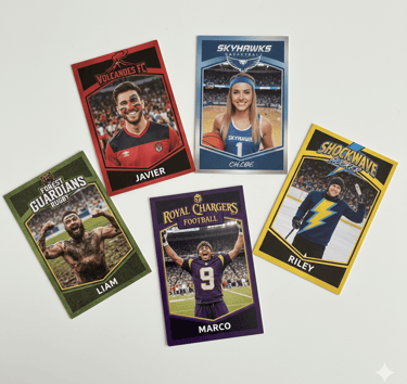 Customized sports trading cards for soccer, basketball, rugby, football, and hockey players.