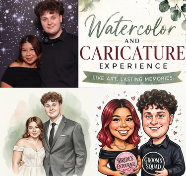 A collage showing a couple in a photo, a watercolor portrait, and a digital caricature for live event art.