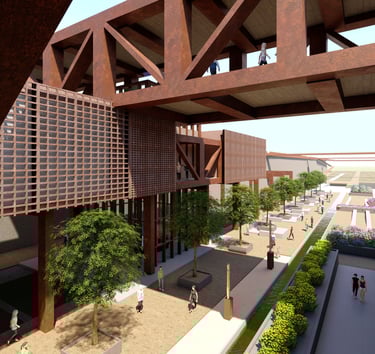 a view of a building with a bridge over it. Urban design in south Chicago. 