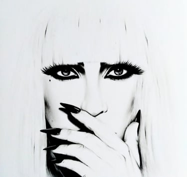 Lady gaga with long white hair and a black and white drawing of a woman '