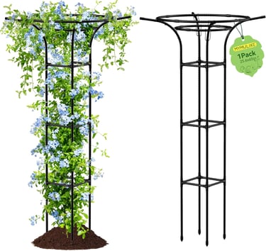 Black metal garden trellis for climbing plants and flowers, featuring a tall tower design with a flared top.