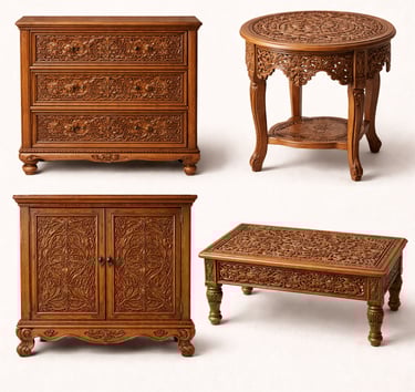 Hand carved wooden furniture set with traditional floral carvings