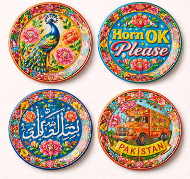 Colorful Pakistani truck art wall plates with floral designs