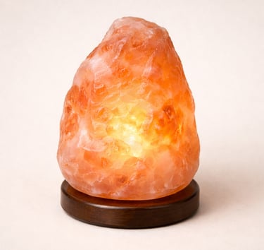 Himalayan natural rock salt lamp with wooden base warm glow lighting