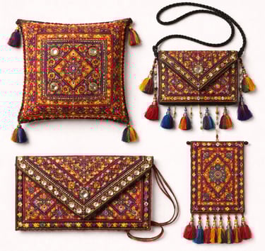 Balochi embroidery handicrafts featuring colorful threadwork and traditional tribal patterns.