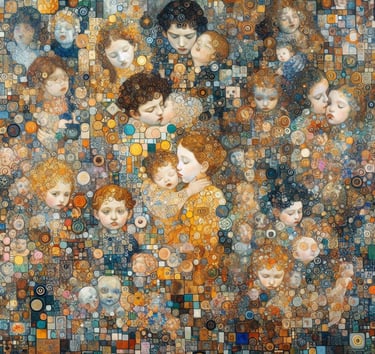 a painting of a group of children with faces of different ages and ages