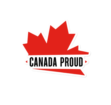 Image of a maple leaf that says Canada proud