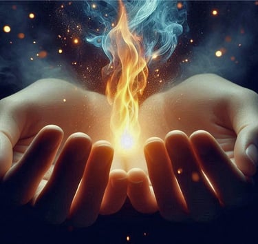 Accompagnement coupeur de feu - Raphaël Pacchiani - Deux mains en coupe qui tiennent une flamme.