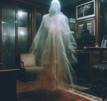Accompagnement phénomènes paranormaux - Raphaël Pacchiani - Une âme spectrale dans une pièce sombre.