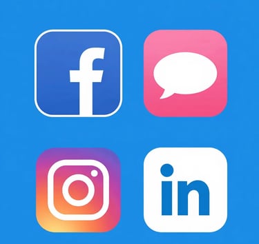 Social media icons for Facebook, Instagram, LinkedIn, and a chat bubble on a blue background.