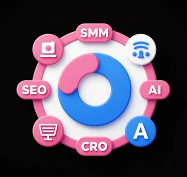 3D digital marketing wheel showing SEO, SMM, CRO, and AI icons for strategy and data analysis.
