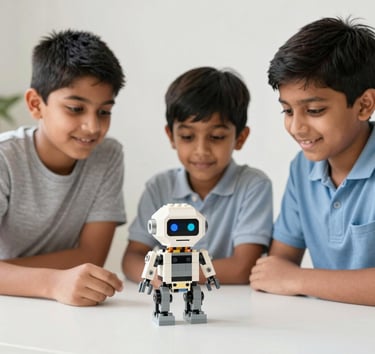 A vibrant classroom filled with colorful STEM project displays and engaged students