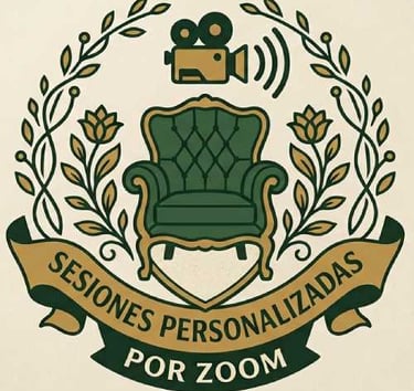 Icono elegante de un sillón verde con detalles en oro y la inscripción 'SESIONES PERSONALIZADAS POR 