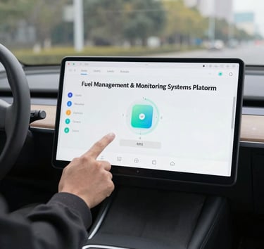 A sleek dashboard screen showing a moving vehicle on a detailed digital map.