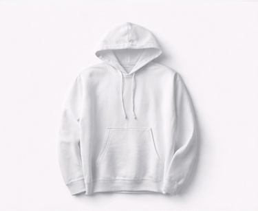 Blank white fleece hoodie with front pocket and drawstrings on a white background.