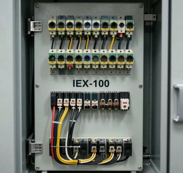 A technical diagram-style photo of the IEX-100's back panel showing organized, professional wiring and connectors in an industrial cabinet.