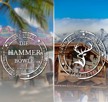 Geteiltes Bild, links der Hammer Bowle Stand mit Logo und rechts die Hammer Alm Hütte vor den Alpen