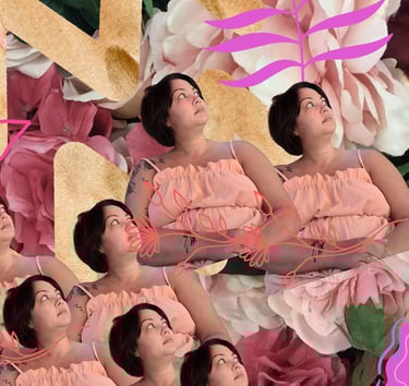 A collage of different shades of pink, a human with dark brown hair looking up to the right corner