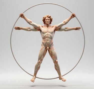 Renaissance style sketch of the Vitruvian Man illustrating human proportions and anatomy.