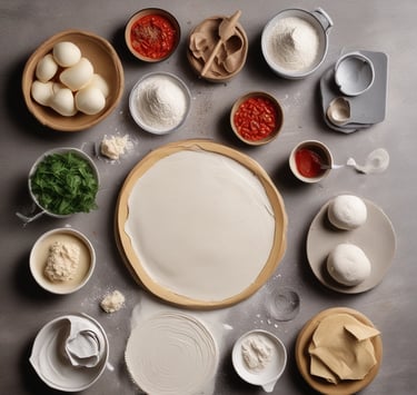 massas de pizza e molhos postos em uma mesa