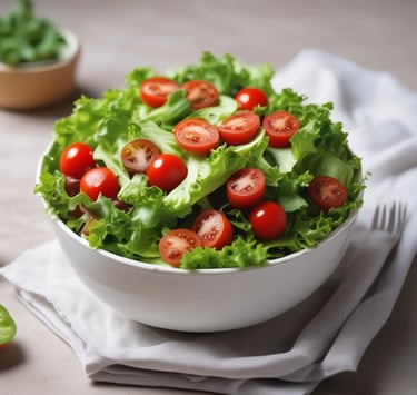 um pote de salada de tomate e alface