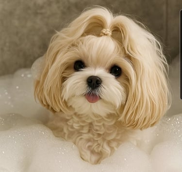 Beautiful female Mal-Shi taking bath in Houston Texas.