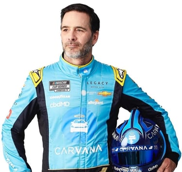 NASCAR driver Jimmie Johnson hair and makeup photoshoot in his Carvana racing unifrom