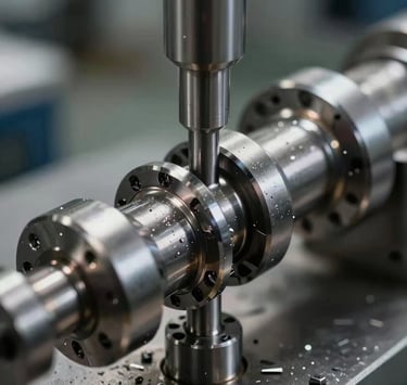 Extreme close-up of a high-precision digital micrometer measuring a freshly ground crankshaft journal, cool industrial workshop lighting, metallic textures and steel shavings visible