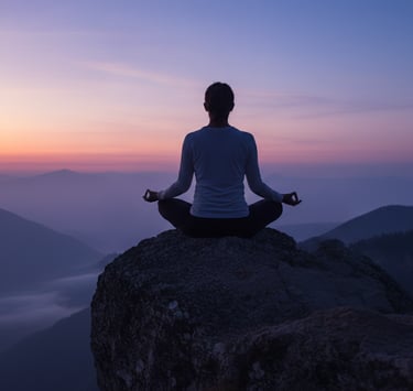 A person sitting in a meditative lotus pose on a rocky edge, silhouetted against a soft purple and pink sunset over mountains.
