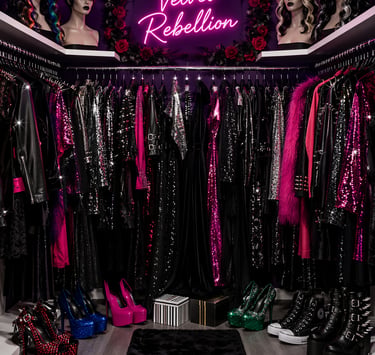Alternative fashion walk-in closet featuring goth clothing, platform heels, and a neon Velvet Rebellion sign.