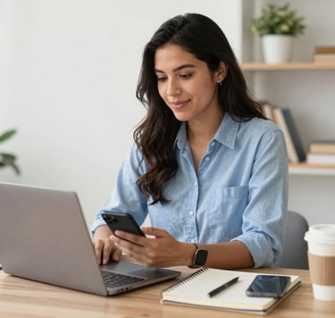 A warm, inviting workspace with a laptop, a cup of coffee, and colorful notes reflecting digital learning and growth.