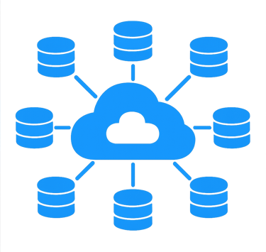 A networking diagram showing a central blue cloud with an icon inside, connected via light blue lines to six peripheral blue database/stack icons representing distributed nodes or servers.