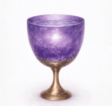 Ornate gold chalice with a glowing purple amethyst glass bowl filled with magical water.