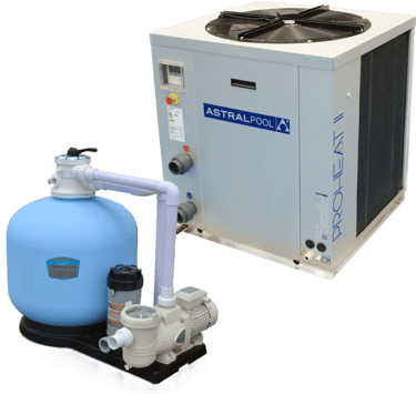AstralPool ProHeat II swimming pool heat pump with sand filter and circulation pump system.