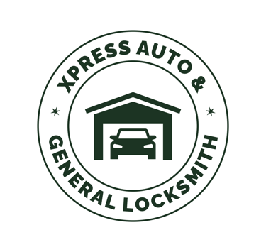 Business logo. Auto Xpress & General locksmith. Car inside a garage.