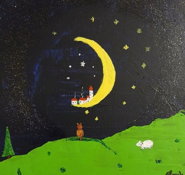 Réf : ENF240113. Chat & étoiles. Carton entoilé, 25x25cm. 20€.