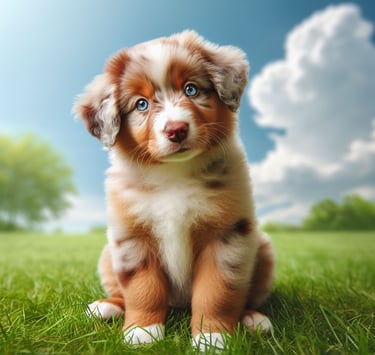 cachorro de raza pastor australiano ovejero color red merle y ojos azules en Pet Lovers Criadero
