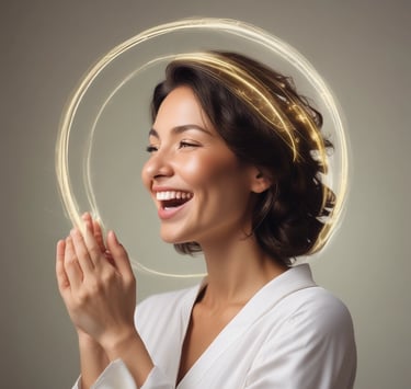 A person with long hair is sitting with their eyes closed and a gentle smile, wearing a light-colored shirt. Their hands are clasped together, resting on their chest, giving a serene and peaceful appearance. In the background, there is a soft-focus lamp, adding to the cozy atmosphere.