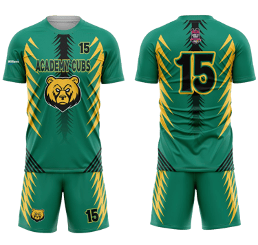 a green and yellow uniform with a bear head on the front