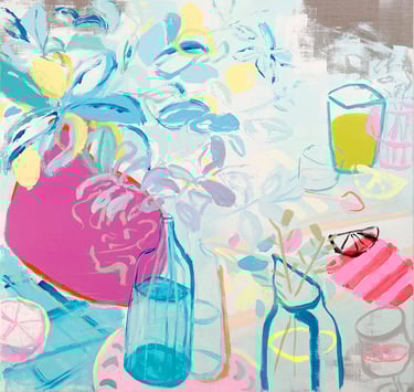 a blue painting of a vase with flowers, inspired by Mediterranean tablescape, original art Lena Sin