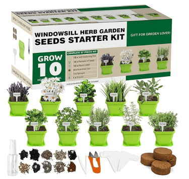 windowsill herb harden seeds starter kit with multiple plant pictures and other kit essentials