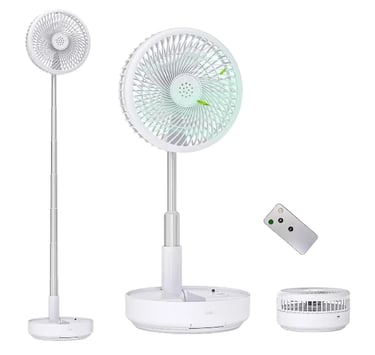 White portable telescopic folding pedestal fan with remote control for home cooling.