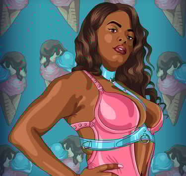 Custom made blue leather harness and restraints for kink, illustrated.